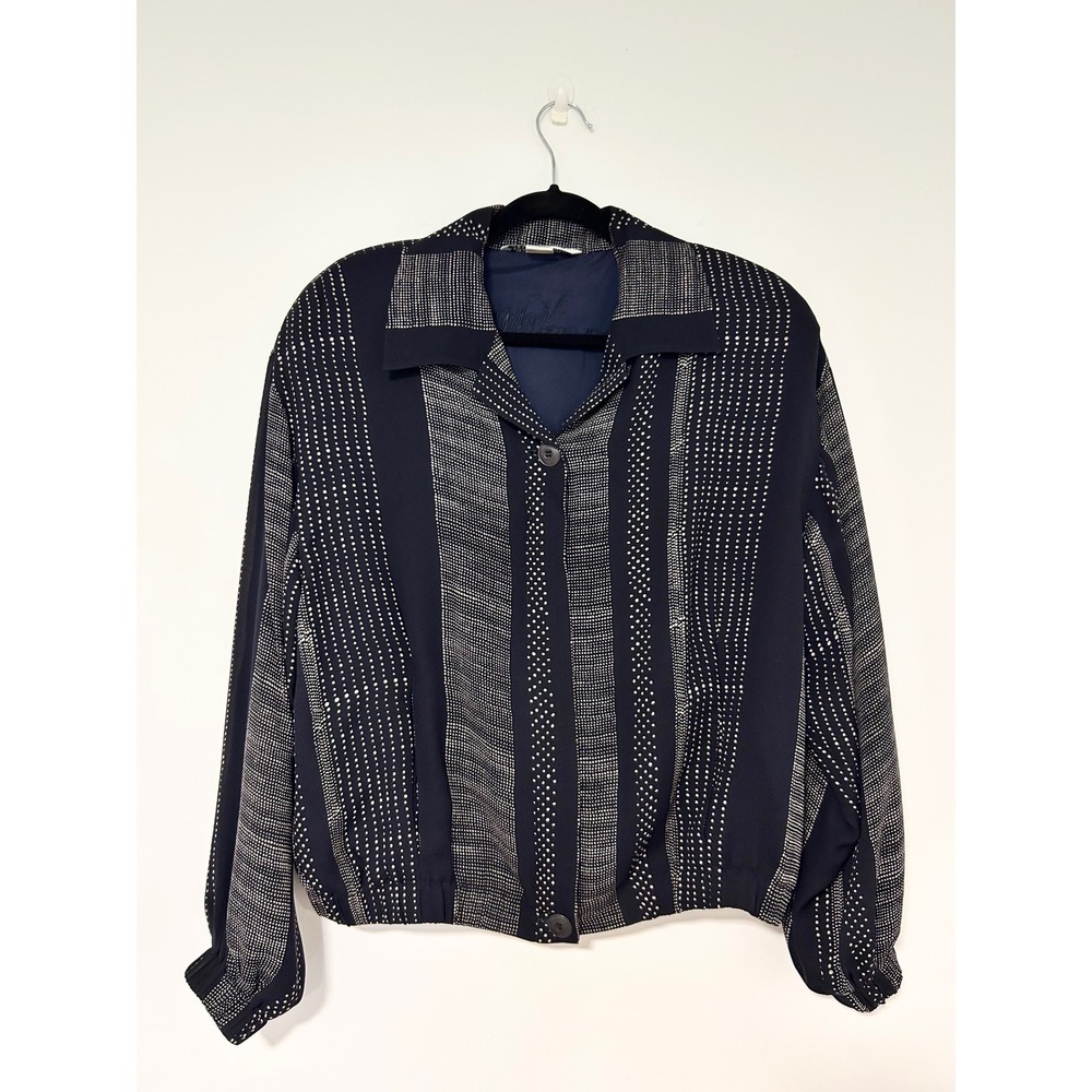 Peter Nygard Womens Black 100% Silk Dotted Stripe Zip Bomber Jacket Medium
